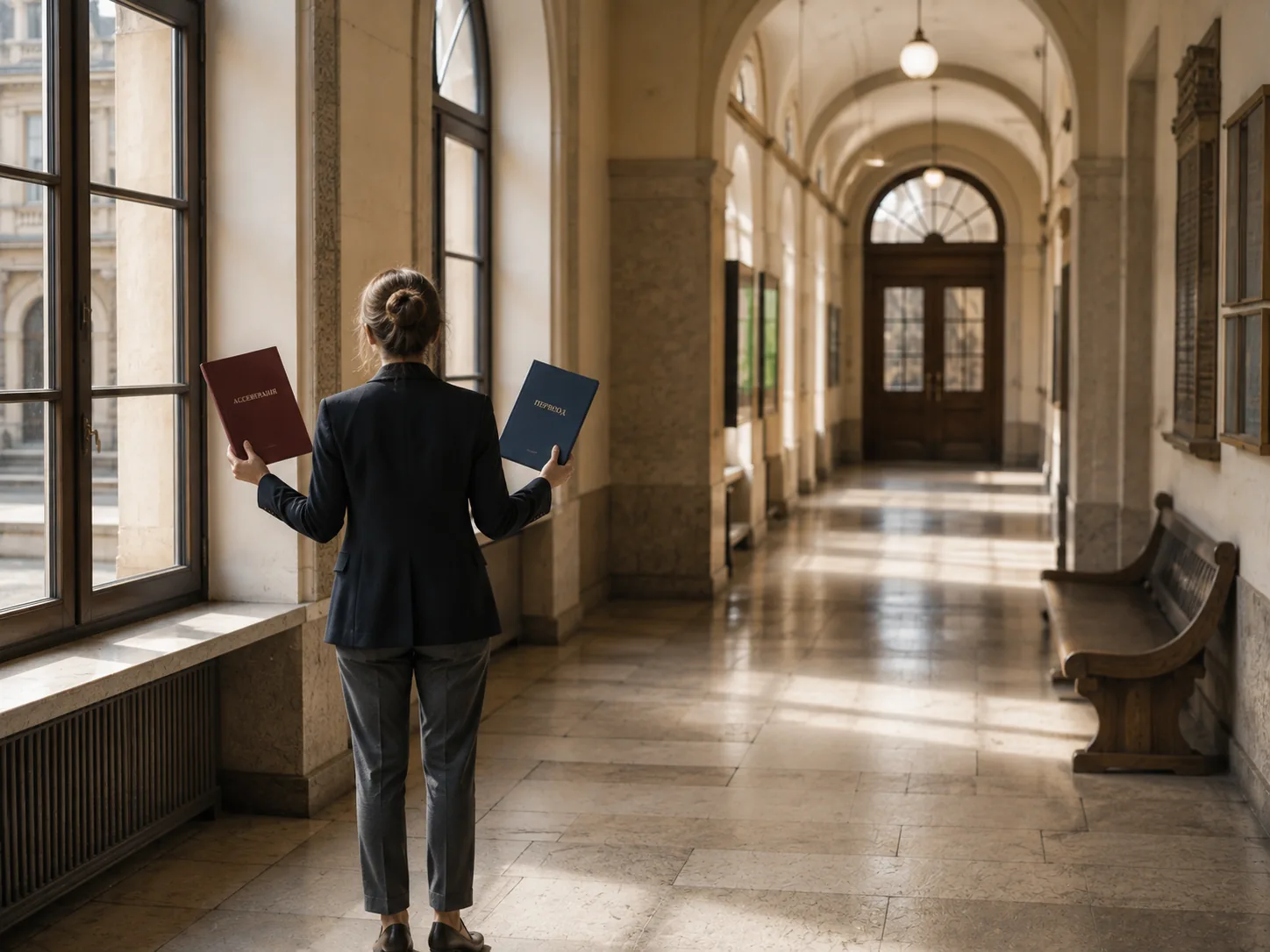 Professionista con due fascicoli nel corridoio del tribunale