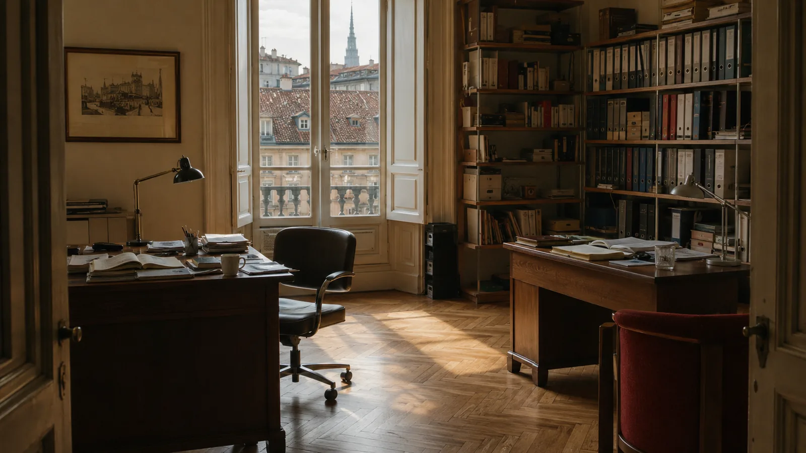 Lo studio ATT a Torino: scrivanie di lavoro, faldoni e luce naturale