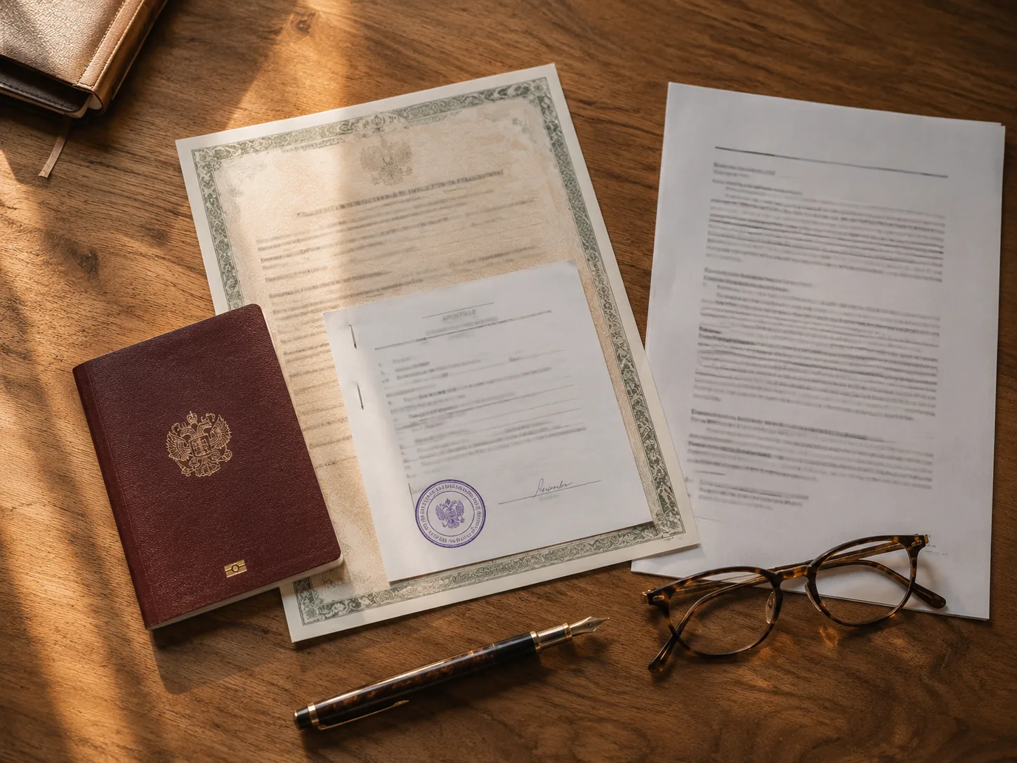 Documenti per la cittadinanza con apostille disposti sulla scrivania