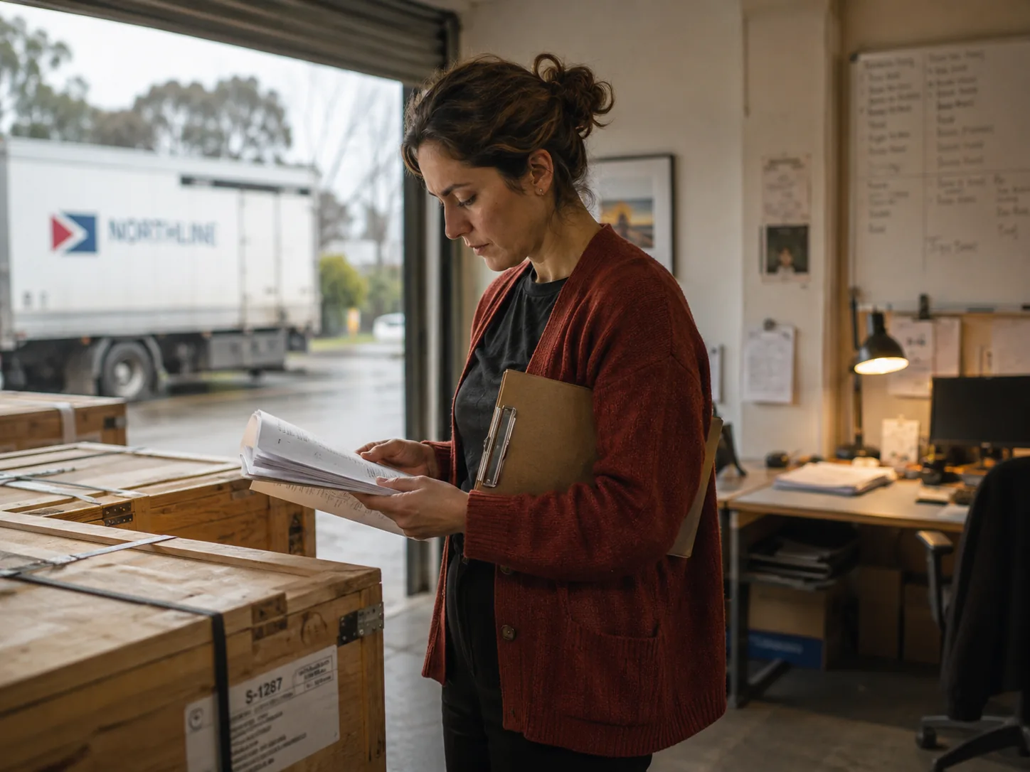 Addetta alla logistica controlla la documentazione accanto alle casse pronte per la spedizione