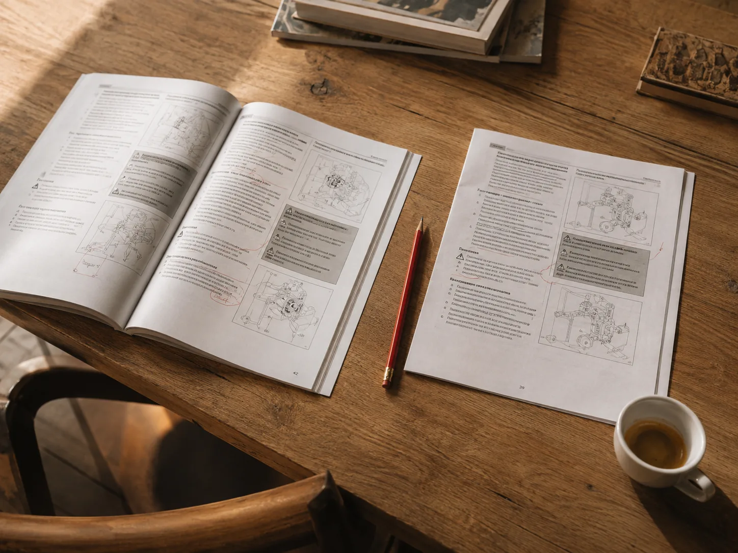 Manuale tecnico italiano e la sua traduzione in russo aperti sulla stessa scrivania