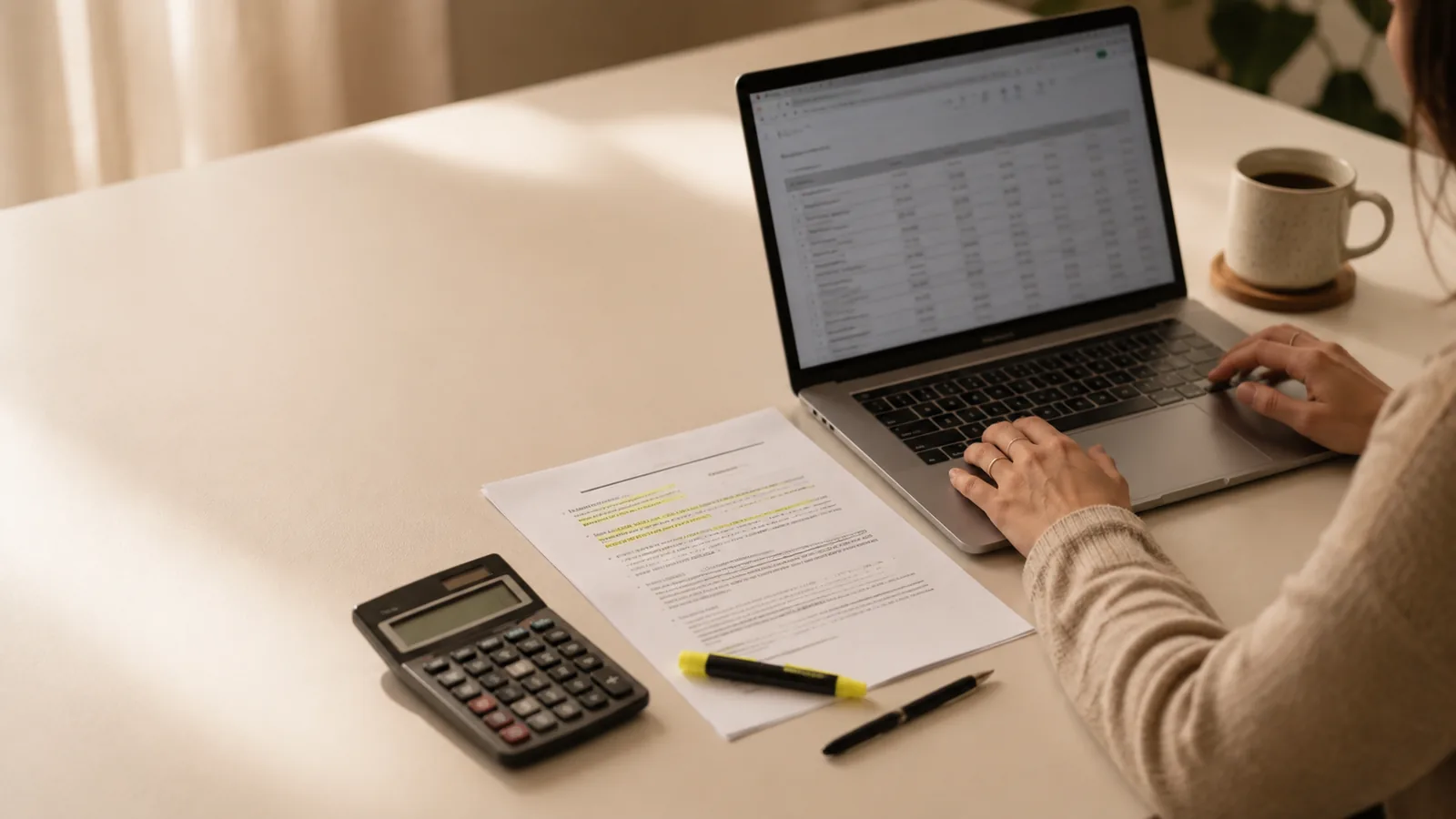 Calcolo del preventivo di traduzione: documento, calcolatrice e foglio di lavoro