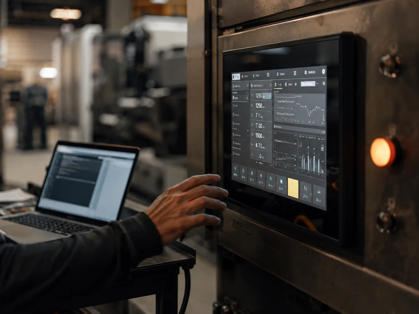 Pannello HMI di una macchina industriale con laptop accanto durante la localizzazione