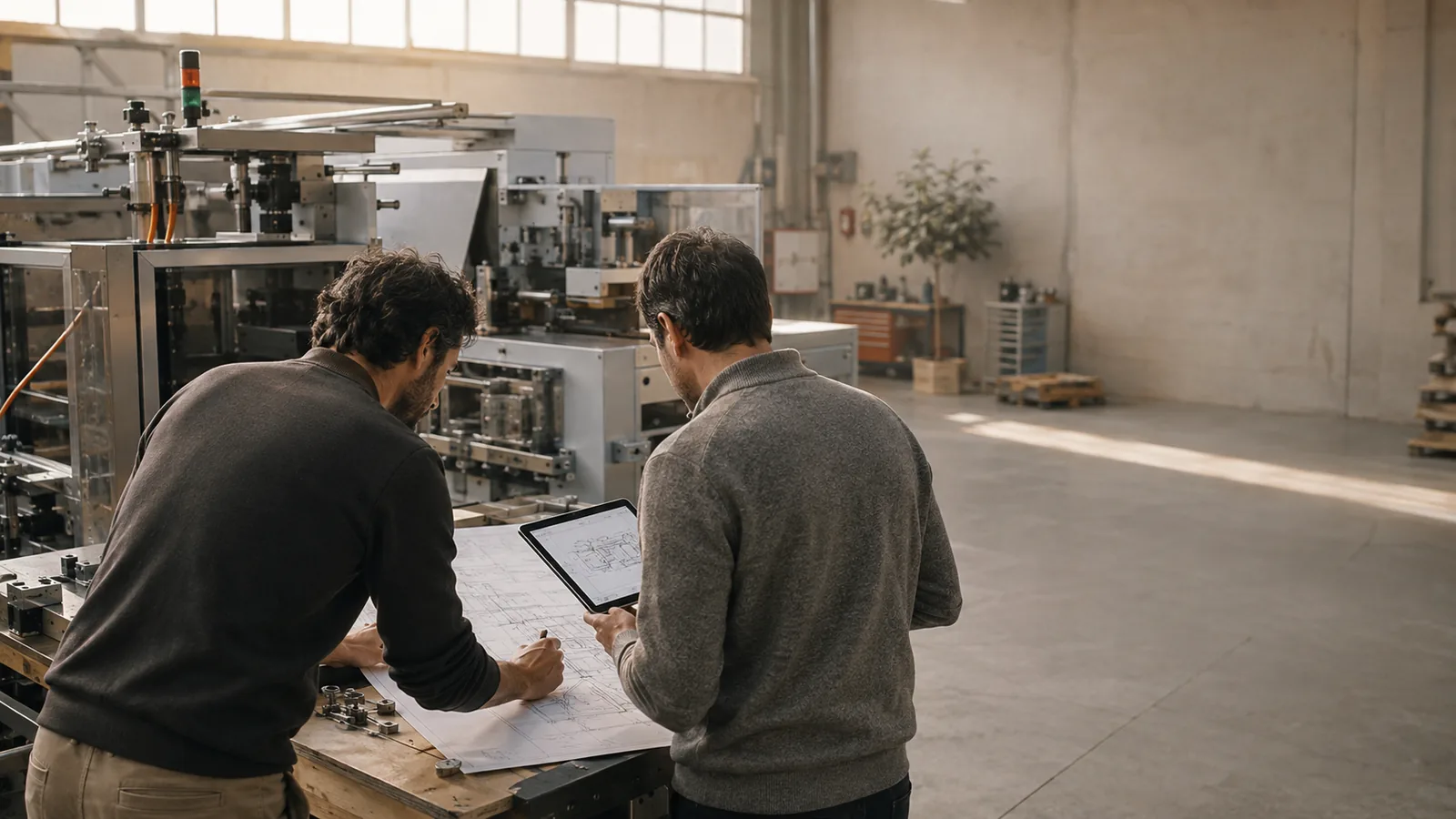 Due tecnici confrontano un disegno tecnico e un tablet accanto a una macchina in officina